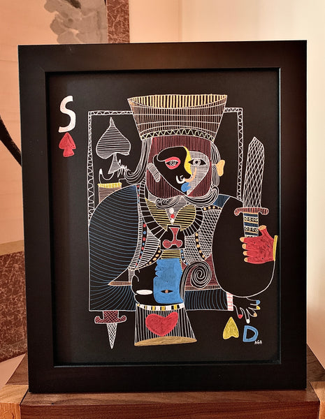 David And Saul Play Pinochle by AGA - Pen And Acrylic Marker On Paper - 11x14 Inches.