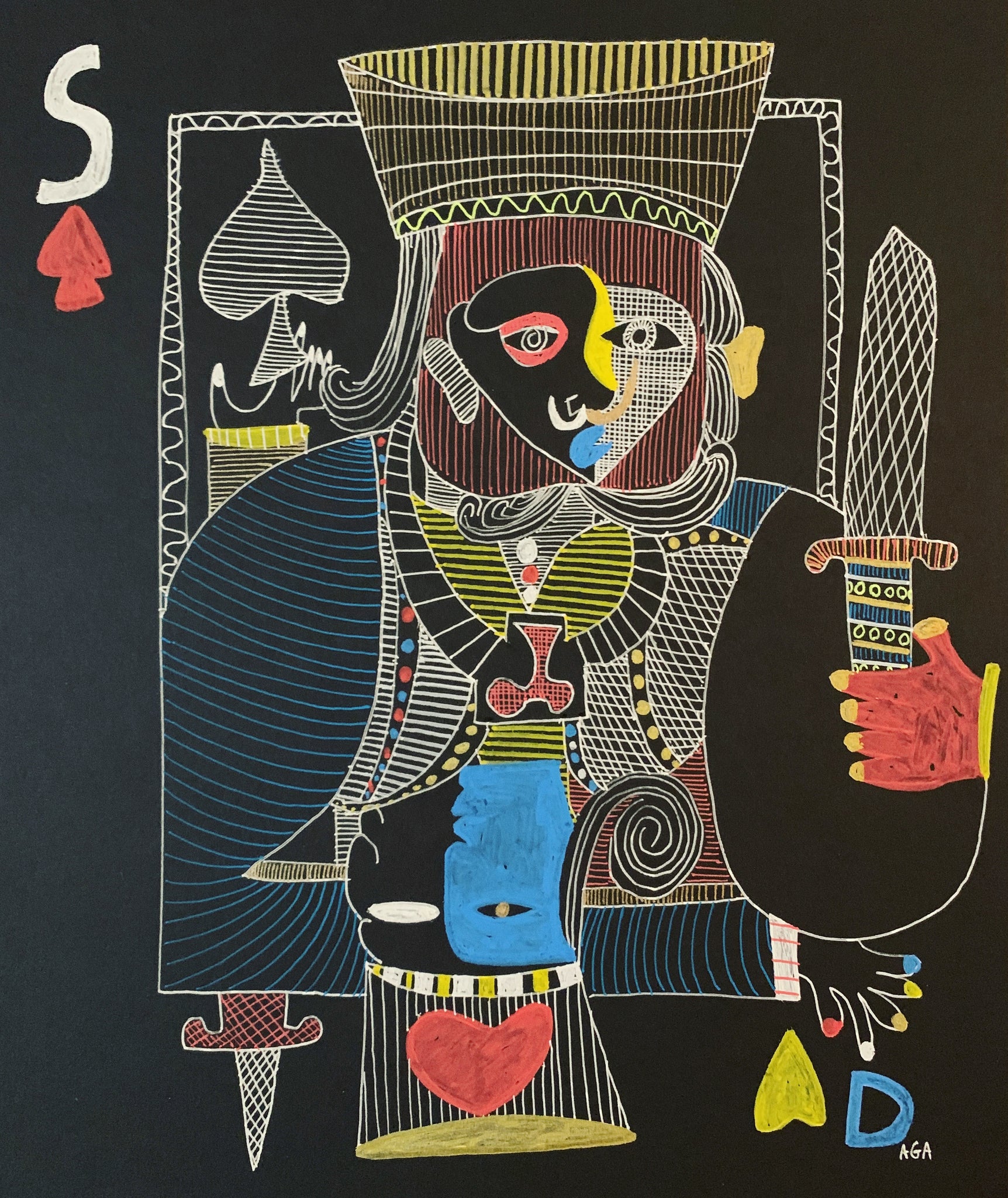 David And Saul Play Pinochle by AGA - Pen And Acrylic Marker On Paper - 11x14 Inches.